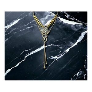 Nordstrom Gold Tone Multi Layered Glass Stone Pendant Lariat Collar Necklace 20”